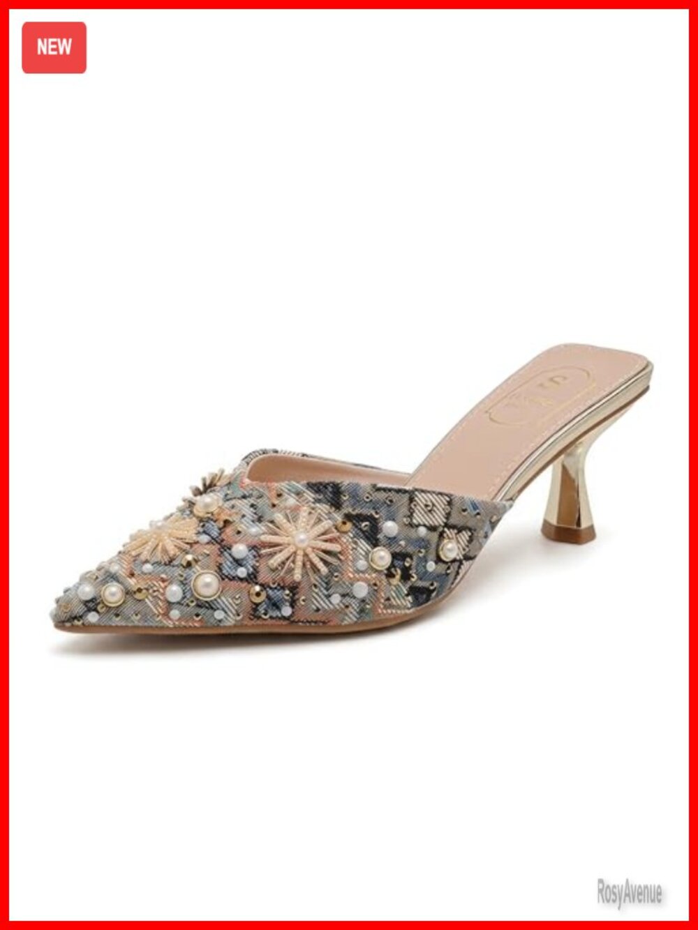 Women's Embroidered Pearl Low Heel Mules Pointed Toe Slip On Kitten Heel Dress